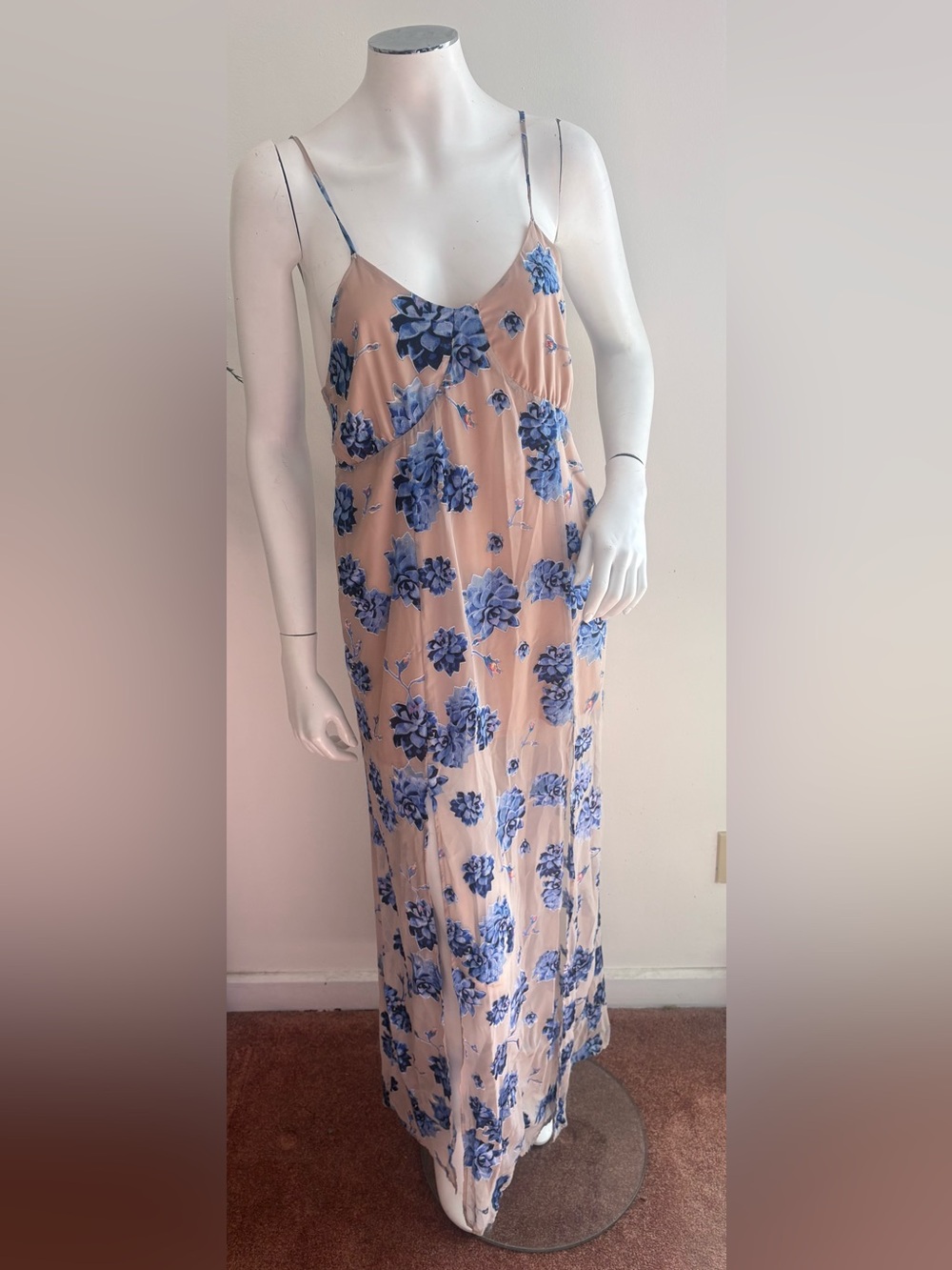 For Love & Lemons Blush Pink Maxi Dress with Blue Floral Print